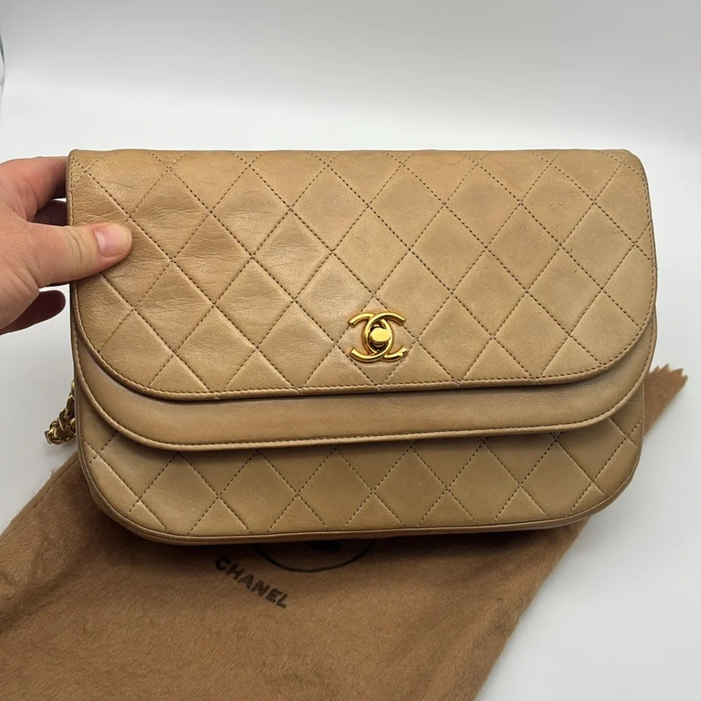 CHANEL HALF MOON BIEGE DOUBLE FLAP QUILTED CC GOLD HW LAMBSKIN SHOULDER BAG